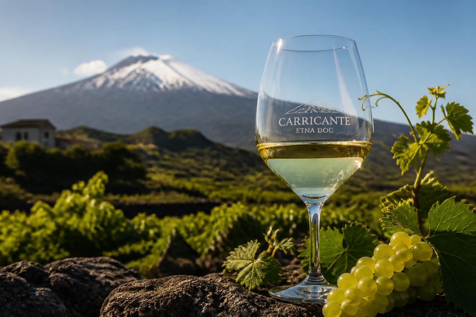 Glass of Carricante white wine with grapes and vineyards on the volcanic slopes of Mount Etna