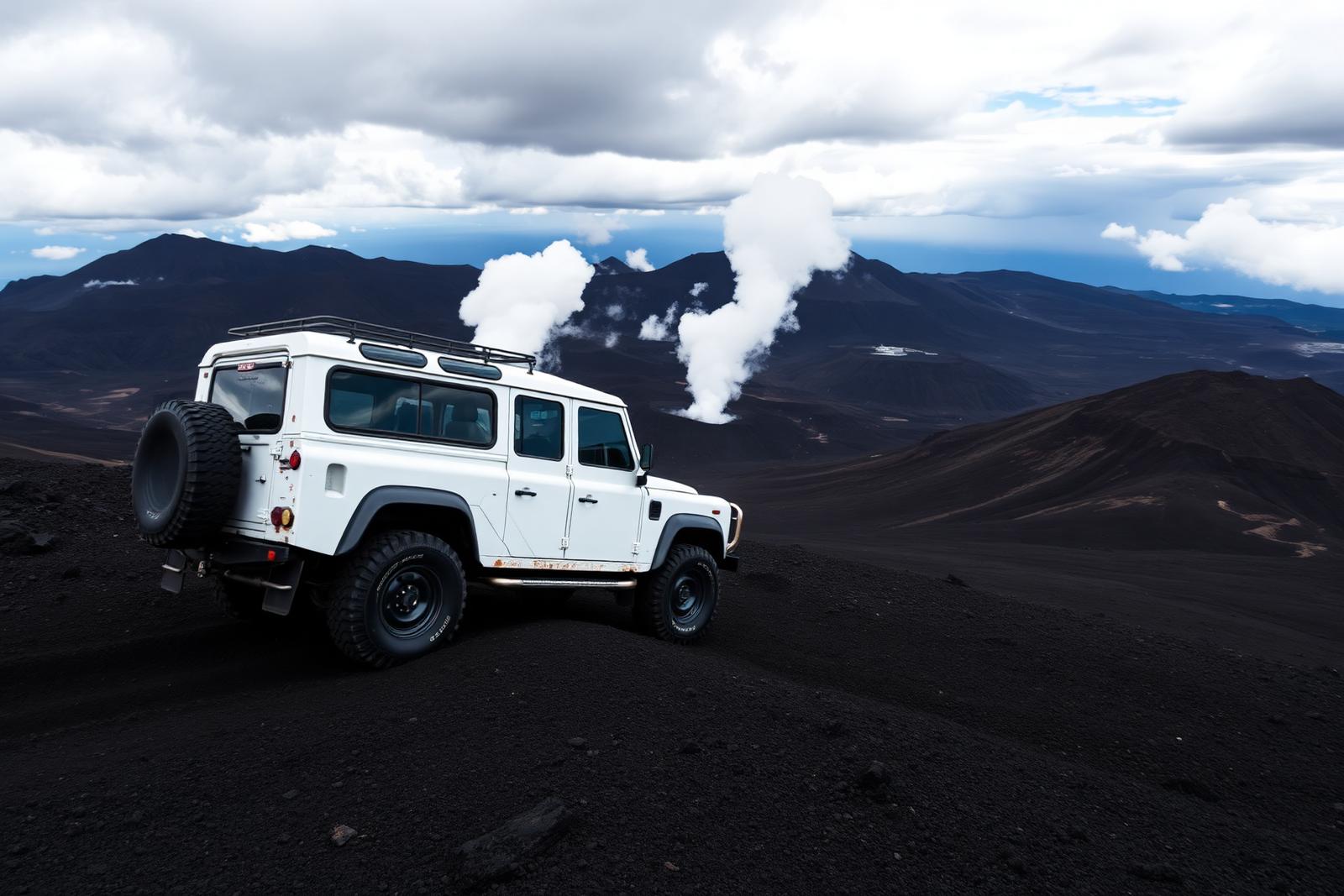 A 4x4 vehicle climbing the black volcanic slopes of Mount Etna toward 3000 metres of altitude