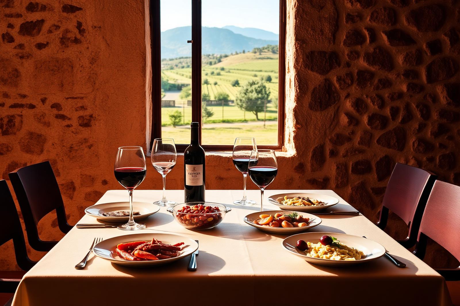 An elegant table set with Etna DOC red wine and traditional Sicilian dishes inside a winery, with vineyards visible through the window