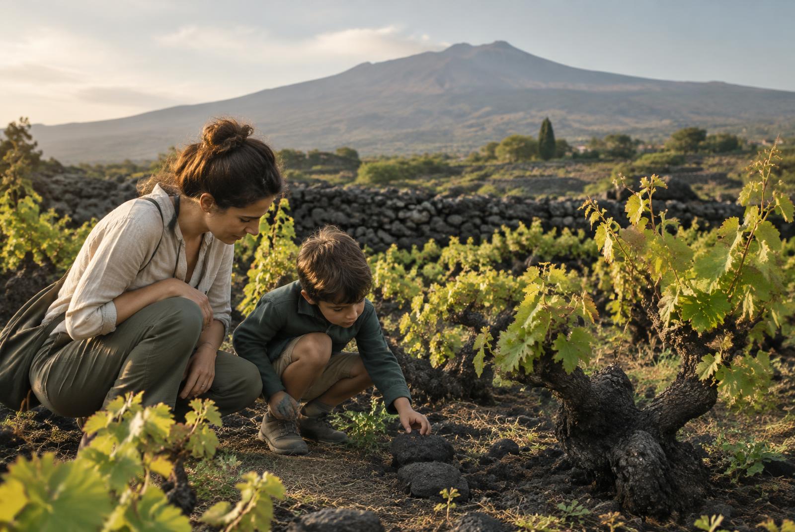 Parent and child exploring volcanic stones among bush-trained vines on Mount Etna