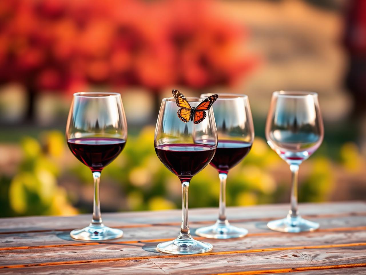 Wine glasses with butterfly on Etna vineyard