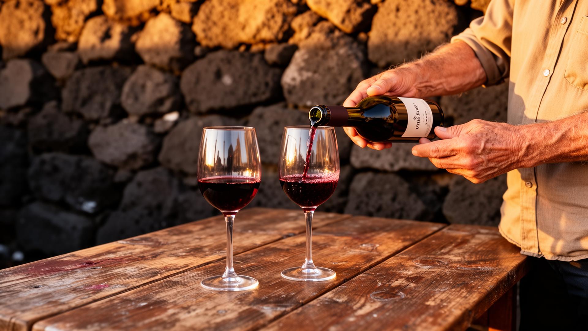An older winemaker pouring Etna red wine into glasses on a worn wooden table