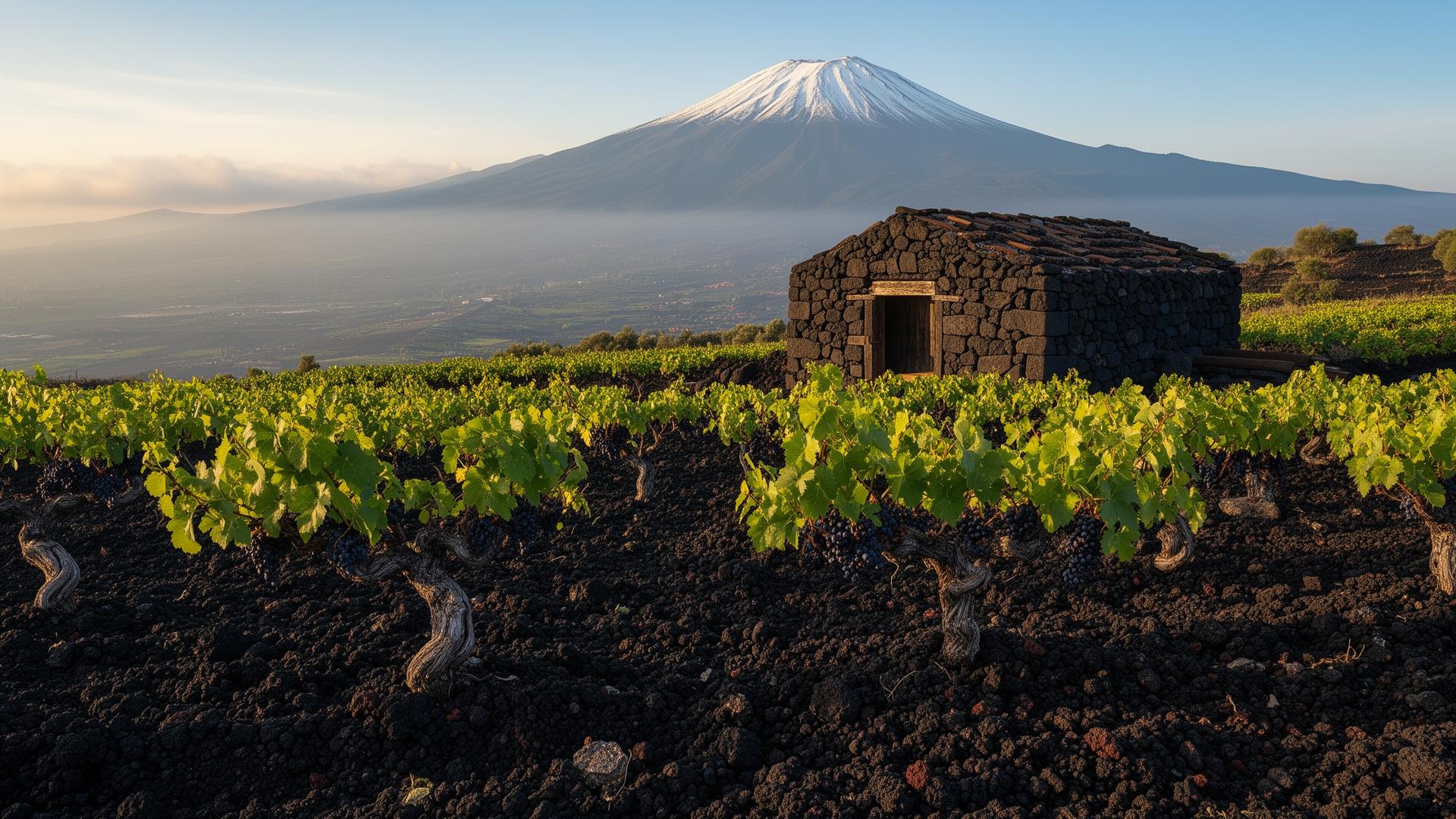 Small family vineyard with old bush-trained vines on the volcanic slopes of Mount Etna
