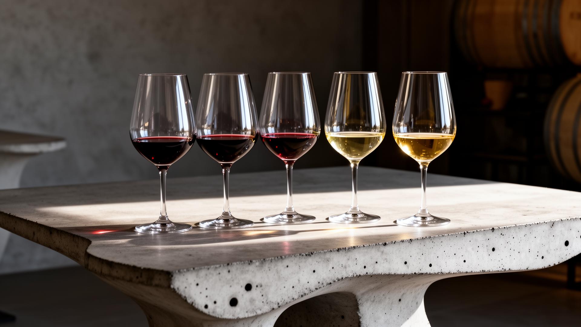 An elegant flight of Etna red and white wines on a designer concrete tasting table