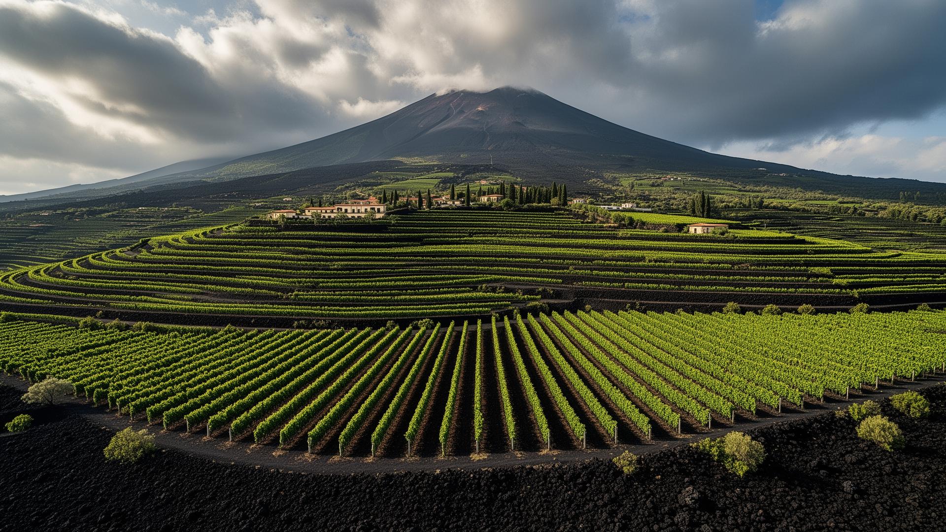 Sweeping terraced vineyards of an iconic Etna estate with the volcano in the background