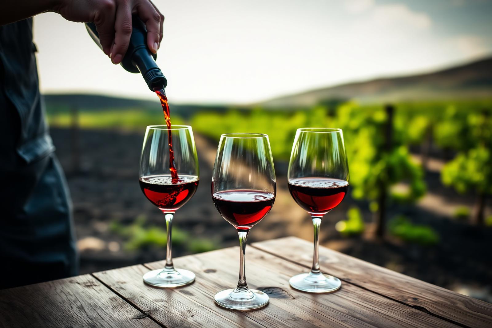 Three glasses of Etna red wine being poured at a winery tasting