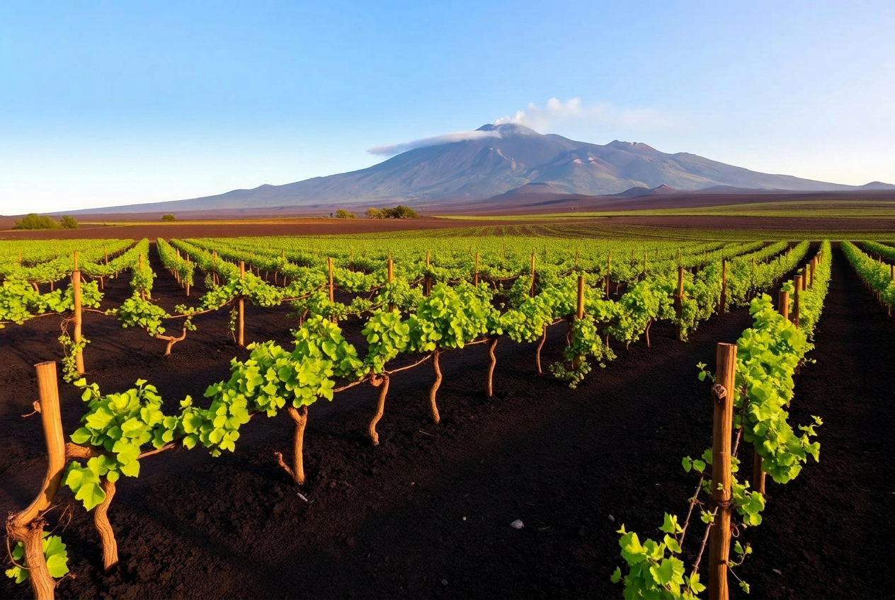 Etna vineyards growing on volcanic soil with the volcano in the background