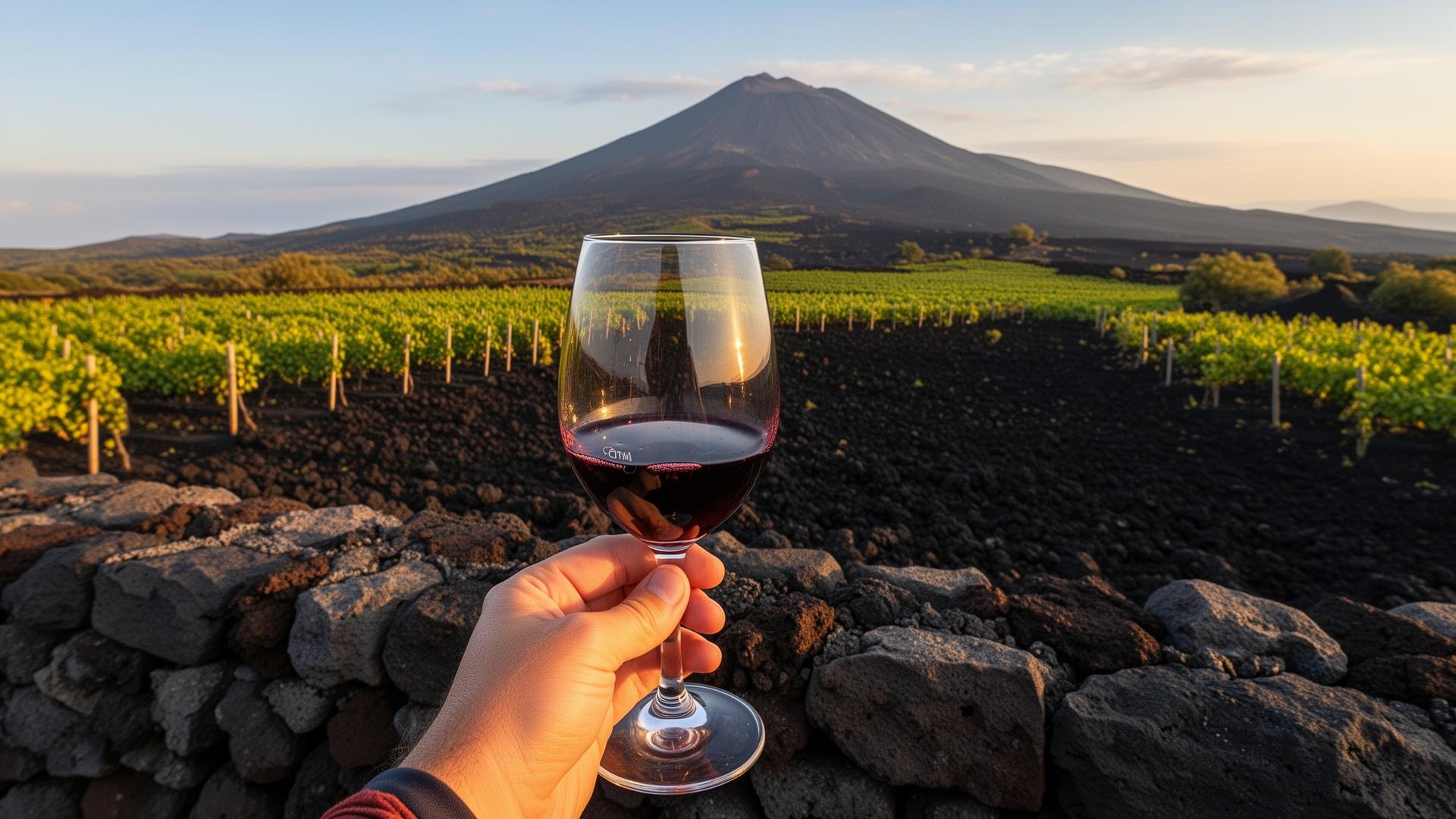 A glass of Etna red wine held over volcanic vineyards with Mount Etna in the background