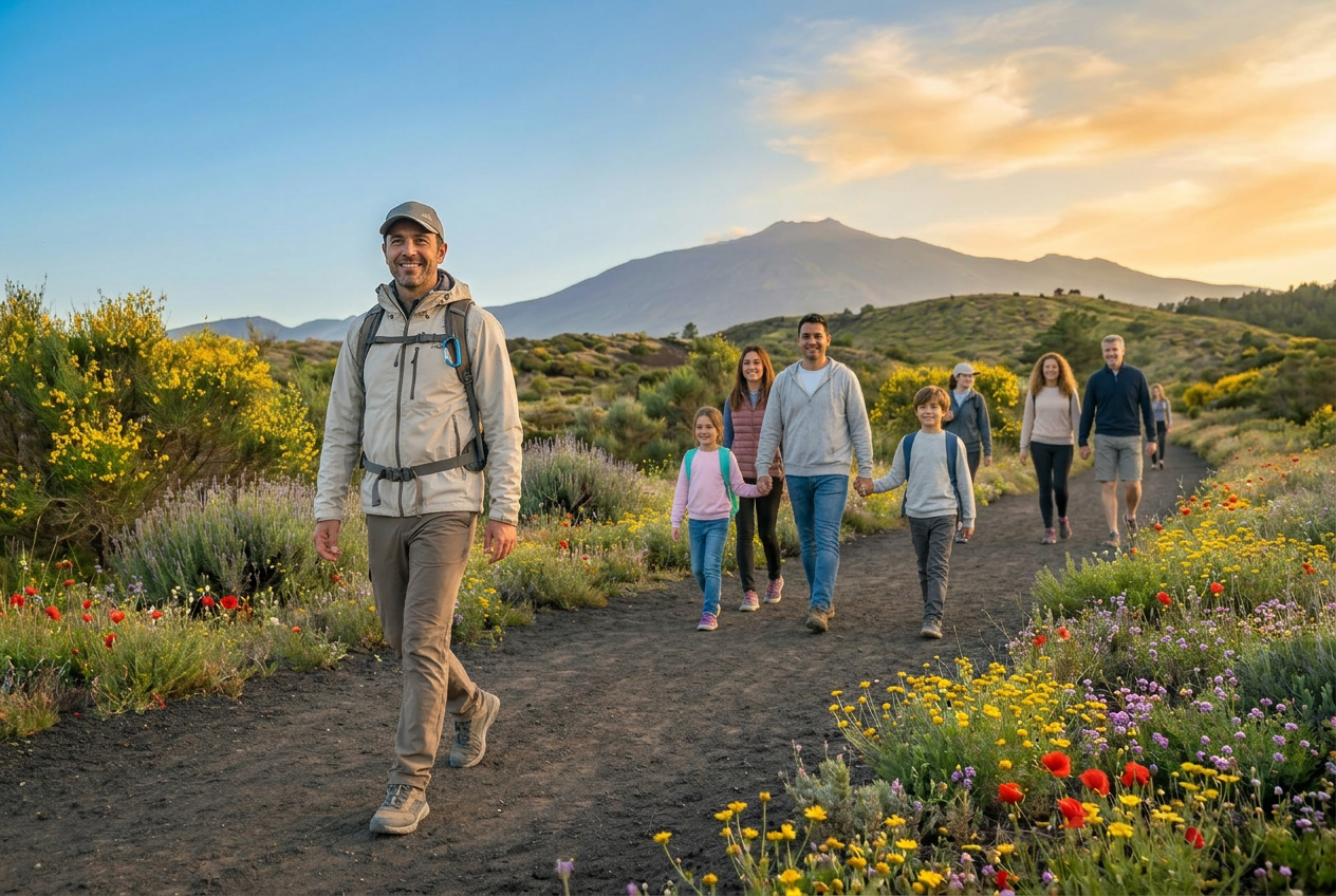 Hikers walking across black volcanic lava fields on Mount Etna with steam vents in the background